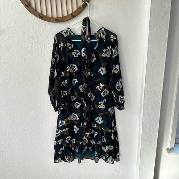 Cabi Navy Blue Pirouette Dress Ruffle Hem Sheer Sleeves Waist Tie M - Picture 2 of 10